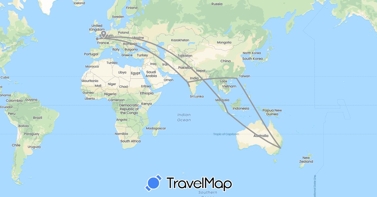 TravelMap itinerary: driving, plane in Australia, China, France, Indonesia, India, Singapore (Asia, Europe, Oceania)