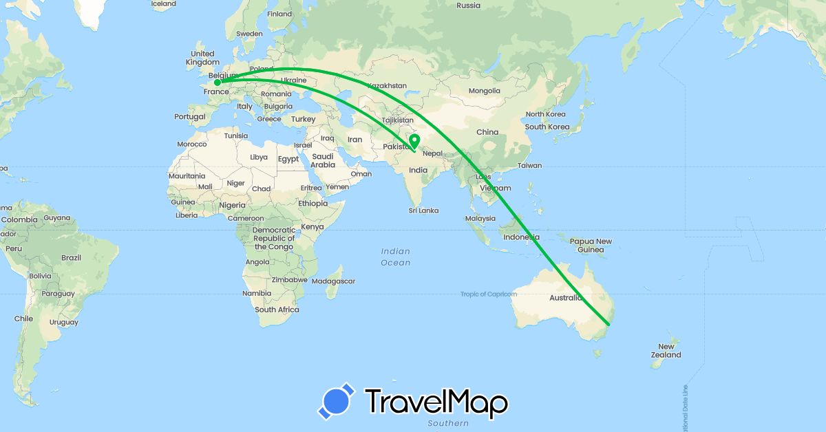 TravelMap itinerary: driving, bus in Australia, France, India (Asia, Europe, Oceania)